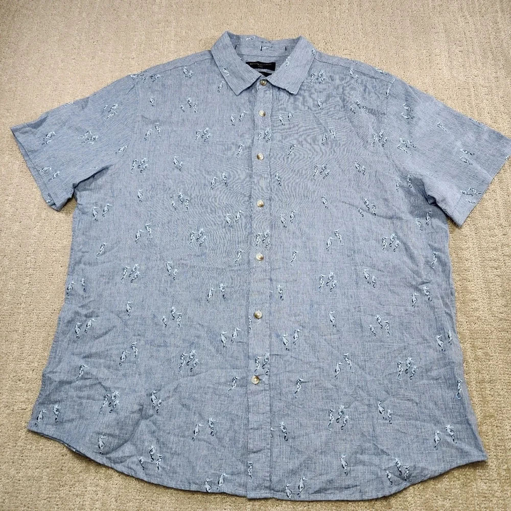 Banana Republic Linen Blend Shirt Men‎ XL Seahorse AOP Chambray Blue Slim Fit